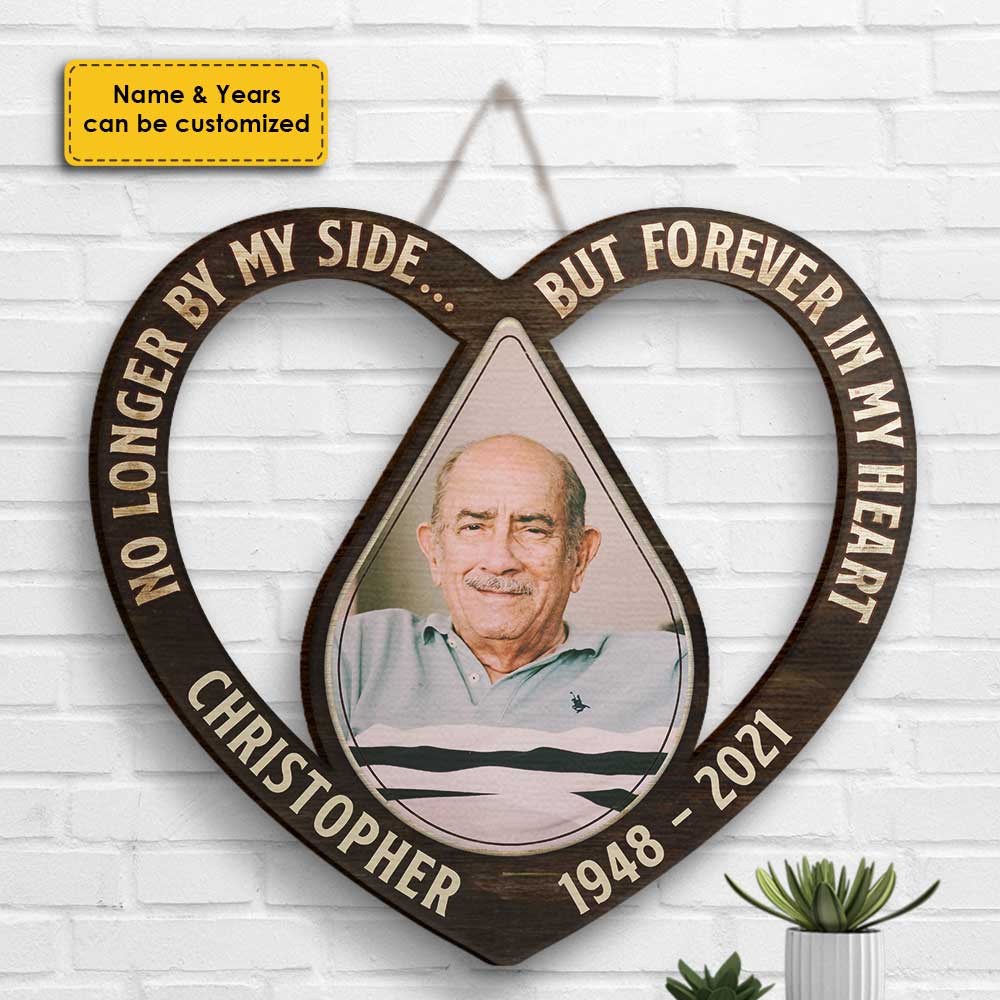 No Longer By My Side, But Forever In My Heart - Upload Image, Husband Wife, Personalized Shaped Wood Sign.
