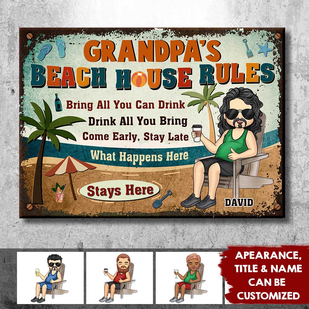 Règles de la maison de plage de grand-père - Cadeau pour papa, grand-père - Plaque en métal personnalisée