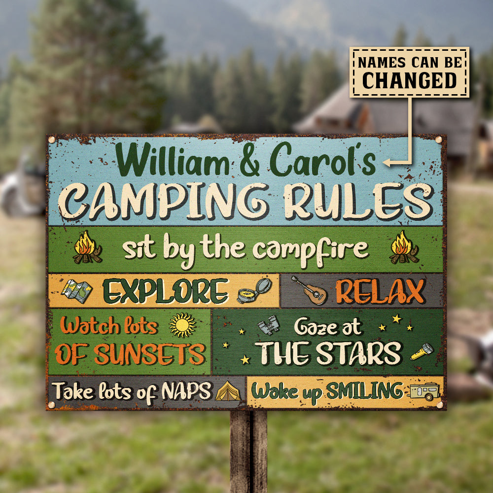Sit By The Campfire Explore & Relax - Camping Rules - Personalized Metal Sign.