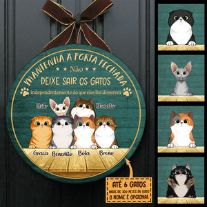 Mantenha A Porta Fechada - Sinal De Porta De Gato Personalizado E Engraçado, Funny Personalized Cat Door Sign Portuguese.