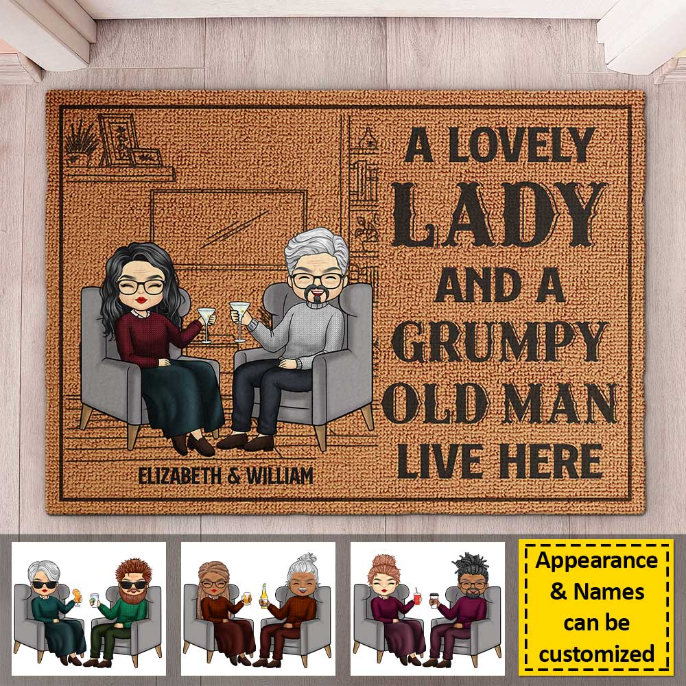 Une charmante dame et un vieil homme grincheux - Tapis décoratif personnalisé - Cadeau pour couple, mari et femme