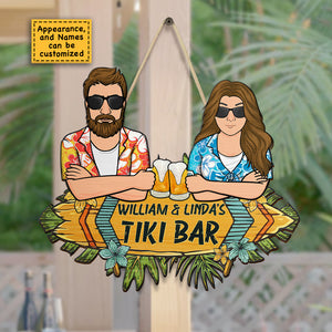 Notre bar Tiki - Panneau en bois personnalisé - Cadeau pour couple, mari et femme