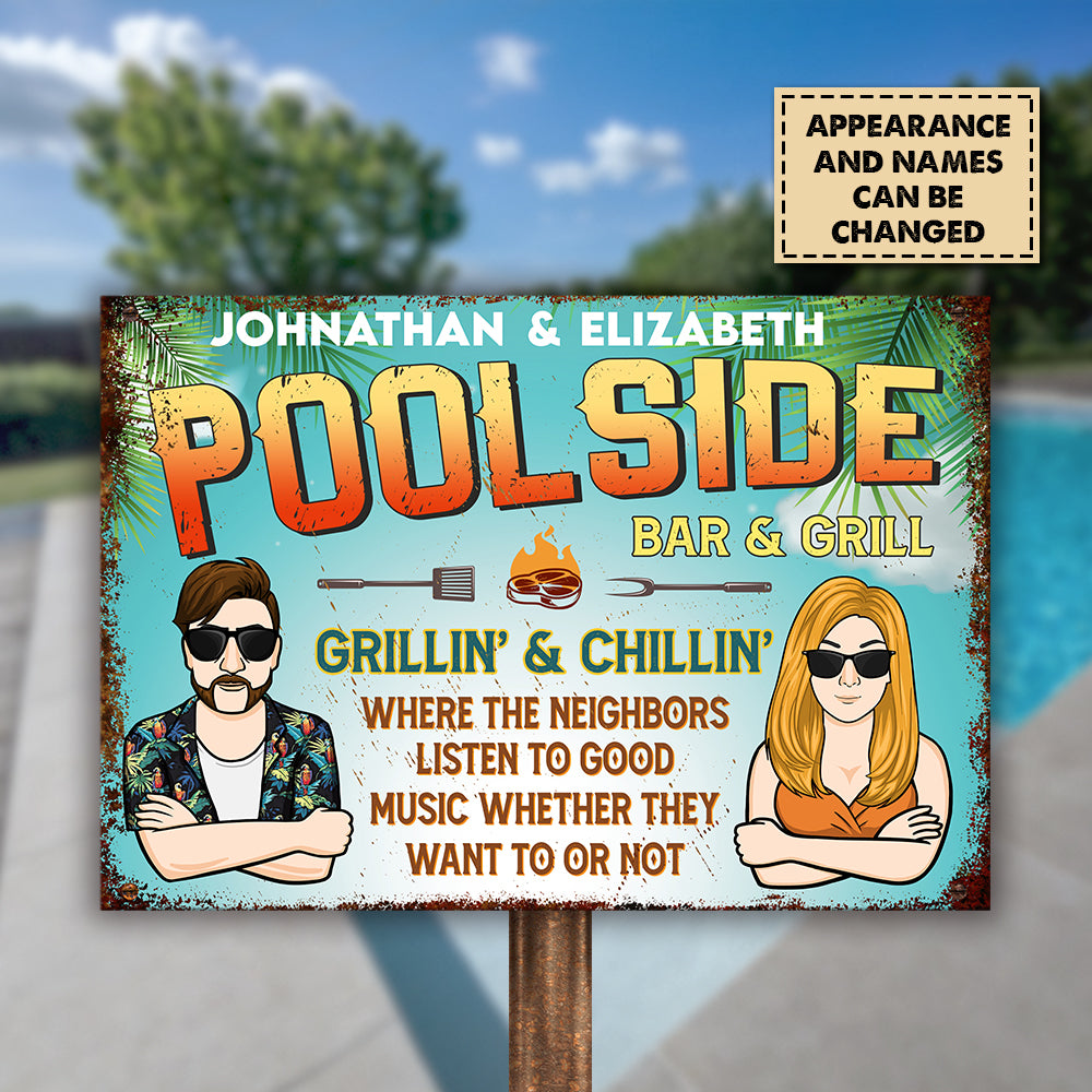 Couple Poolside Bar & Grill - Personalized Metal Sign - Gift For Couples, Husband Wife