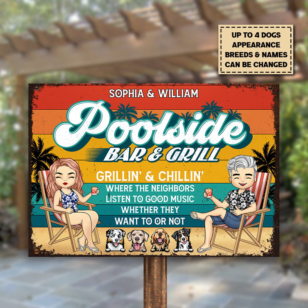Grillades et détente au bord de la piscine - Plaque métallique personnalisée - Cadeau pour couple, mari et femme