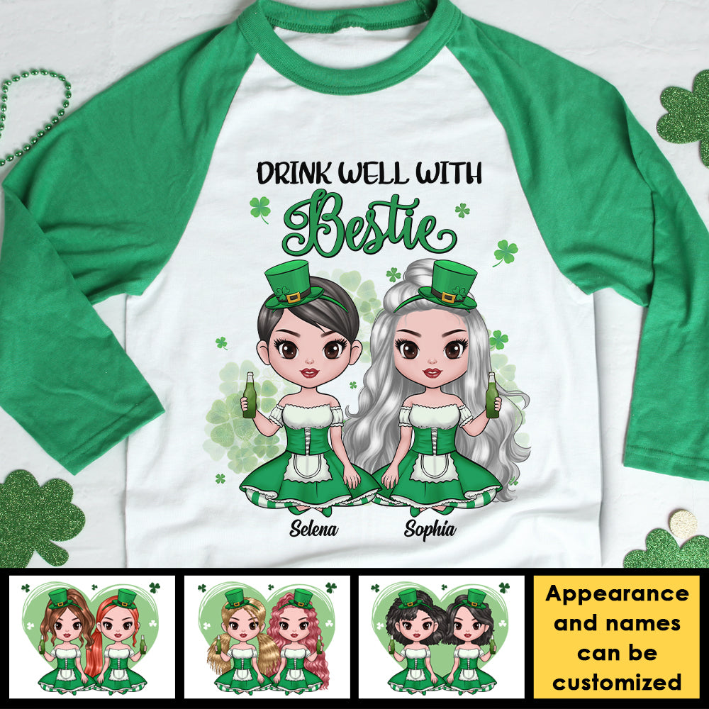 Drink Well With Bestie - Gift For Besties, Personalized St. Patrick's Day Unisex Raglan Shirt.