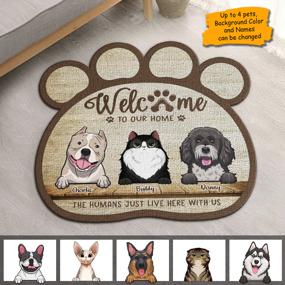 Les humains vivent ici avec nous - Tapis décoratif personnalisé - Cadeau pour les amoureux des animaux