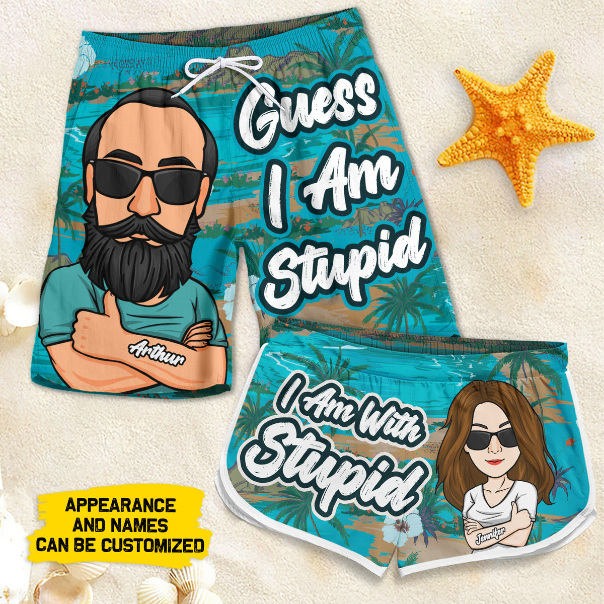 Je suis avec un idiot - Short de plage personnalisé pour couple - Cadeau pour couple, mari et femme