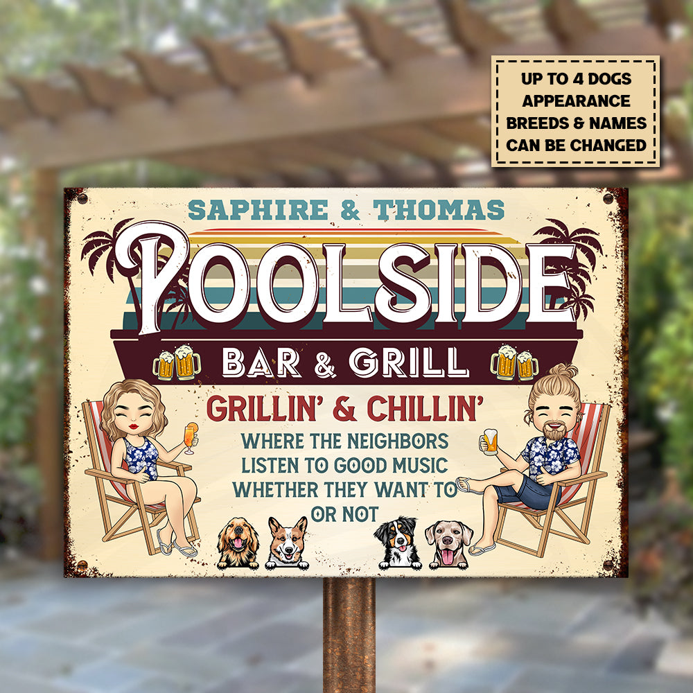 Bar et grill au bord de la piscine - Plaque métallique personnalisée - Cadeau pour couple, mari et femme
