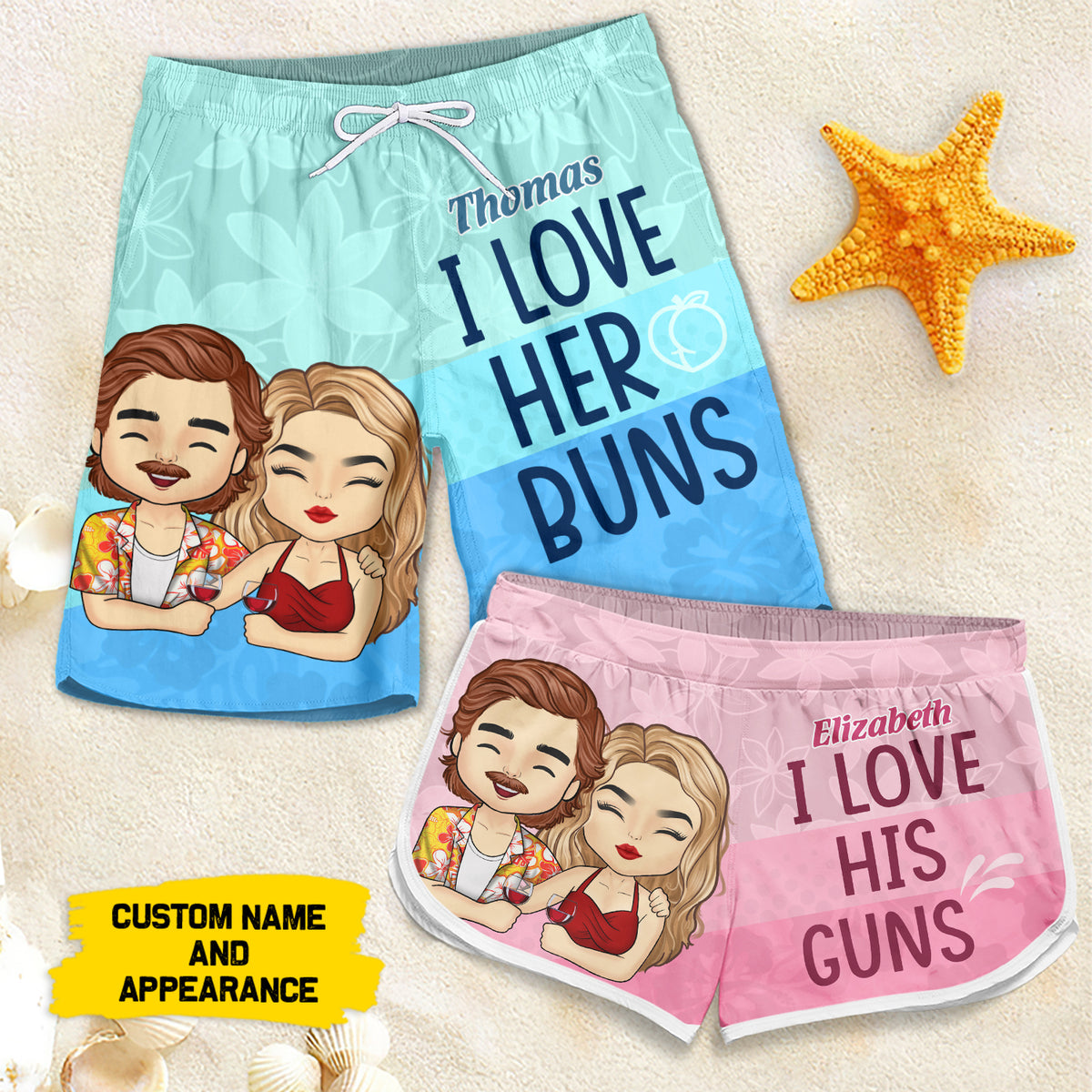 J'adore ses petits pains, j'adore ses armes - Short de plage personnalisé pour couple - Cadeau pour couple, mari et femme