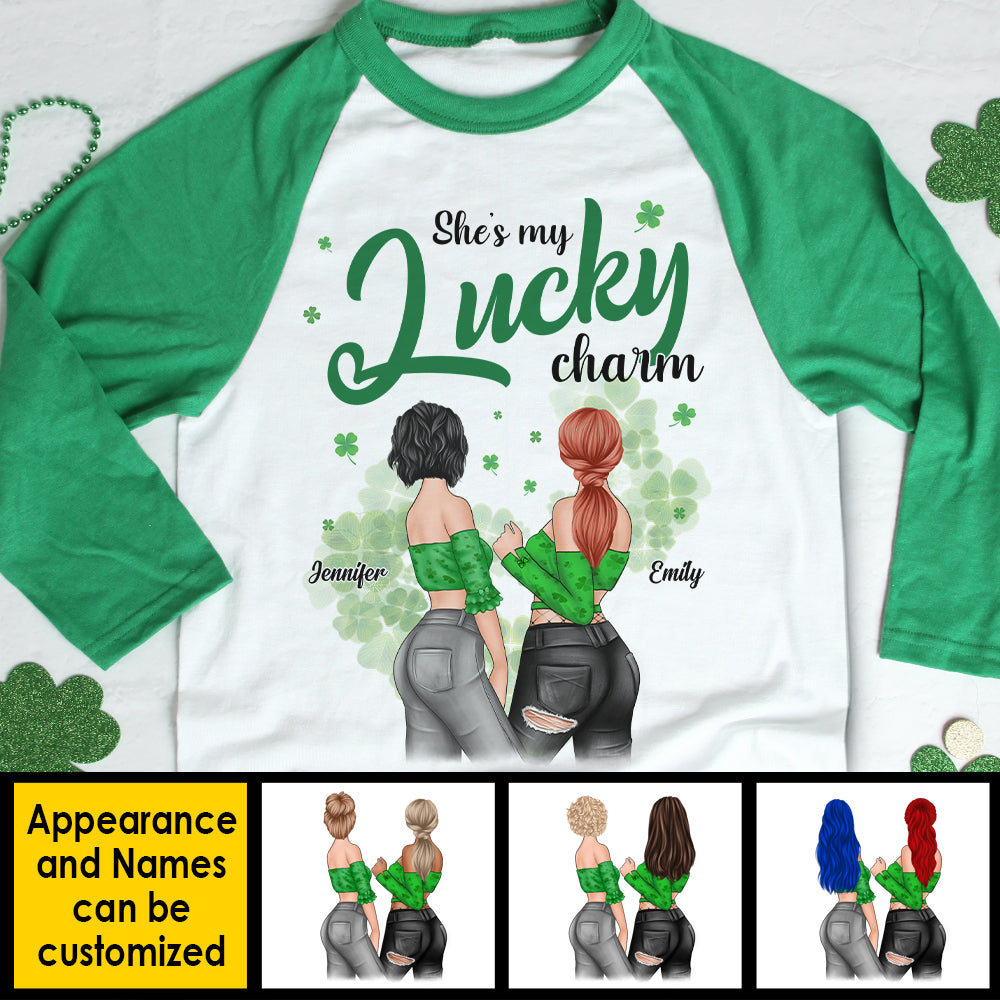 She's My Lucky Charm - Gift For Besties, Personalized St. Patrick's Day Unisex Raglan Shirt.