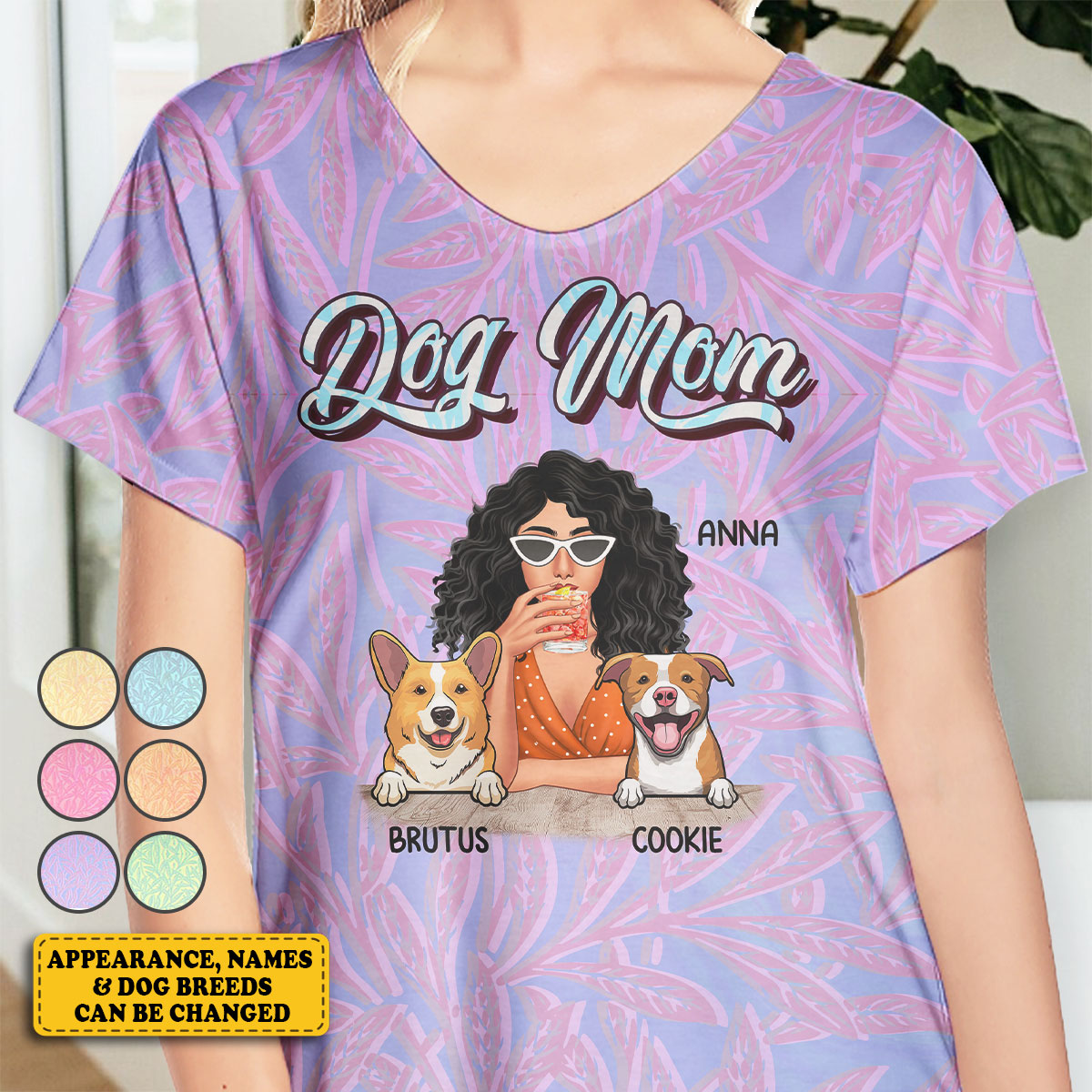 T-shirt col V personnalisé « Livin' That Dog Mom Life » – Cadeau pour les amoureux des animaux