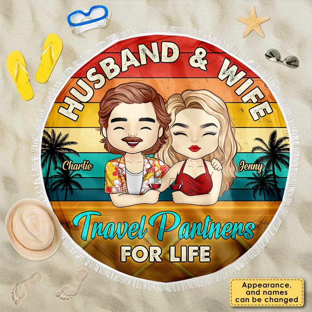 Partenaires de voyage pour la vie - Serviette de plage ronde personnalisée - Cadeau pour couple, mari et femme