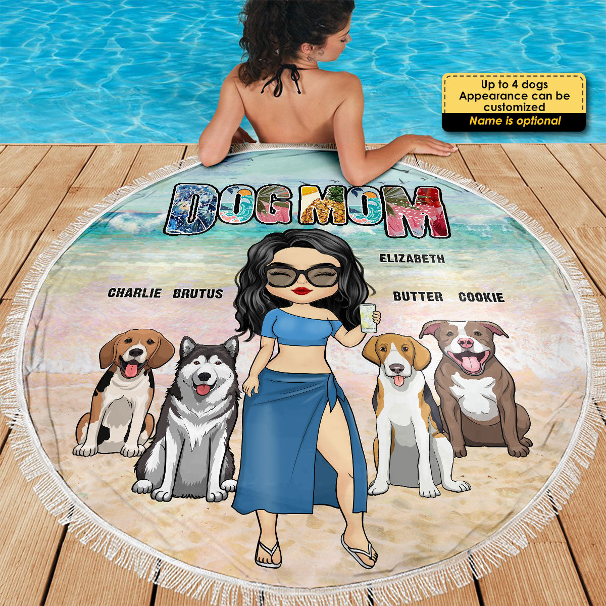 Maman chien, c'est l'heure de la plage ! Serviette de plage ronde personnalisée. Cadeau pour maman chien.