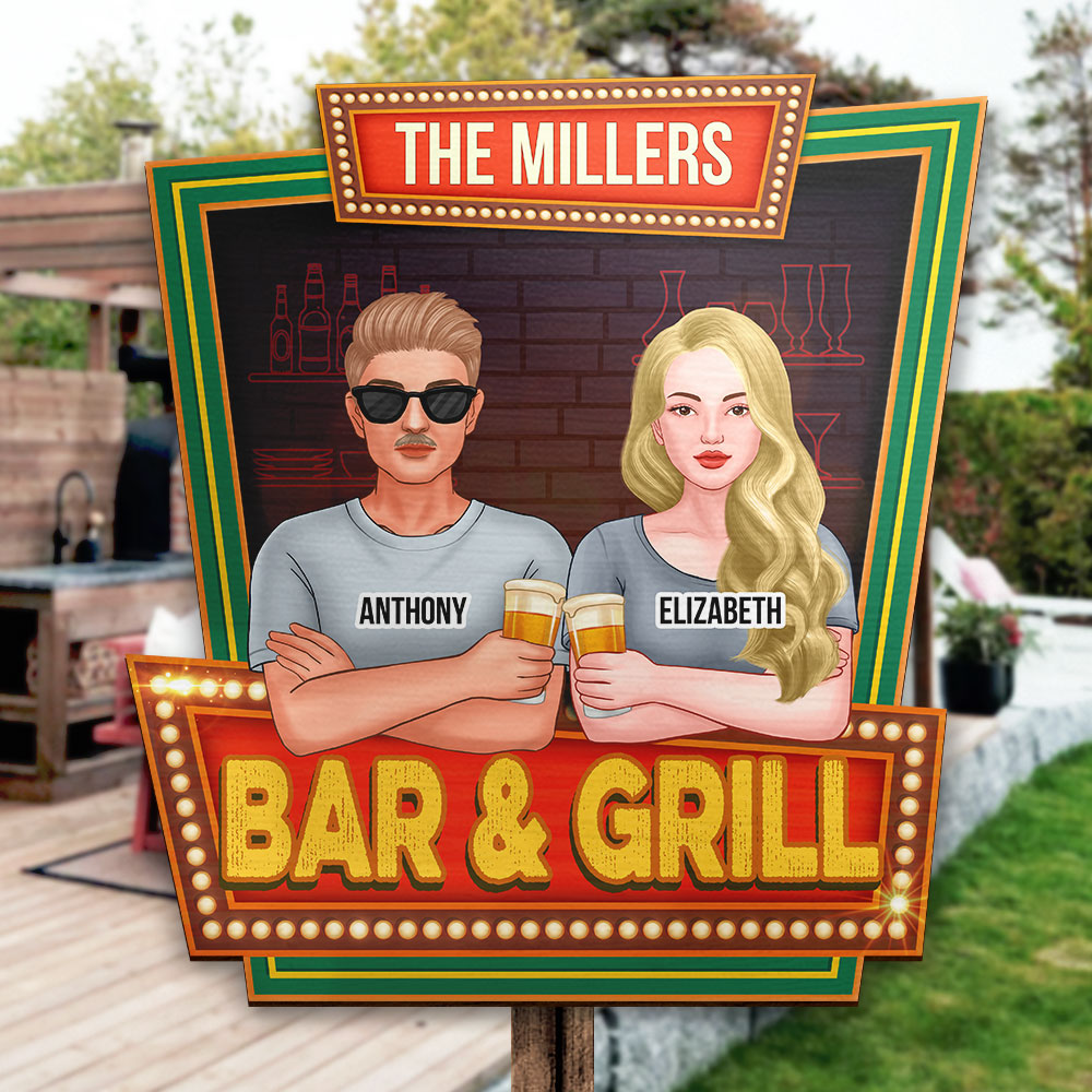 Bar familial : couple buvant – Cadeau pour couple, mari et femme, panneau en bois personnalisé