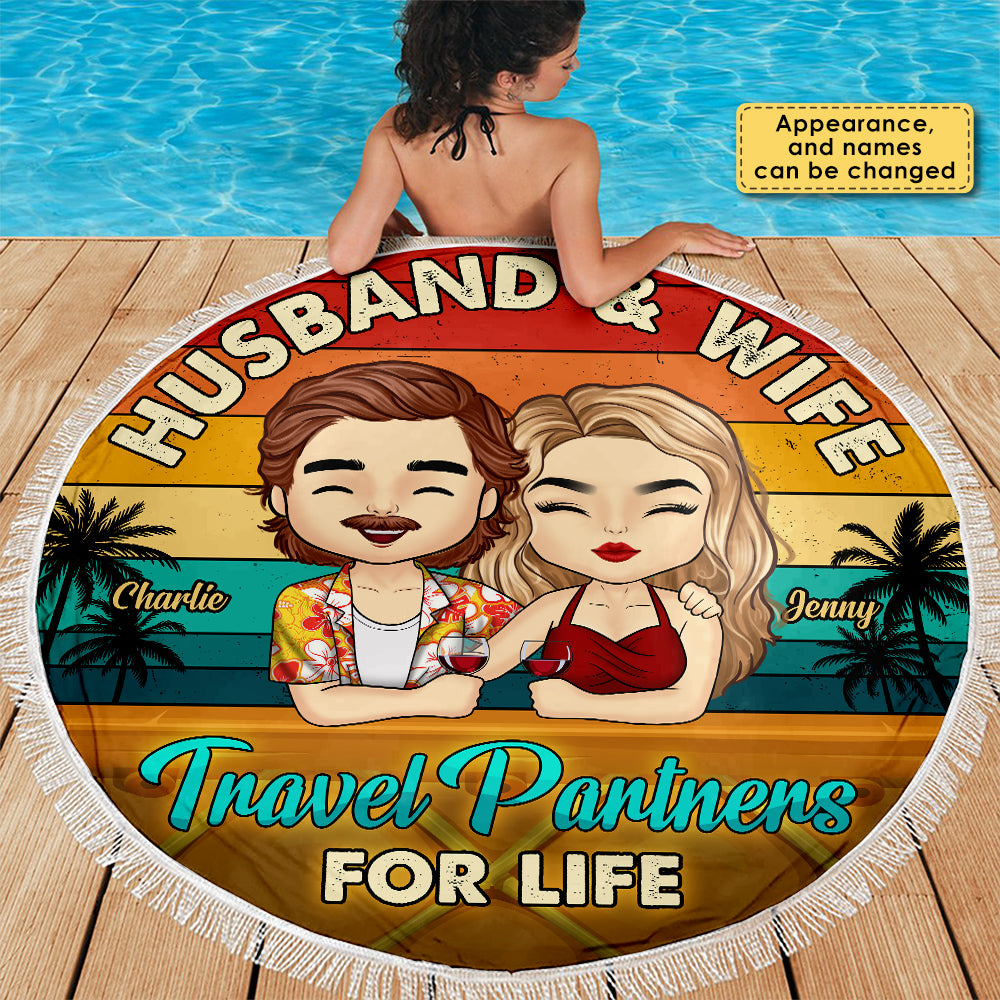 Partenaires de voyage pour la vie - Serviette de plage ronde personnalisée - Cadeau pour couple, mari et femme