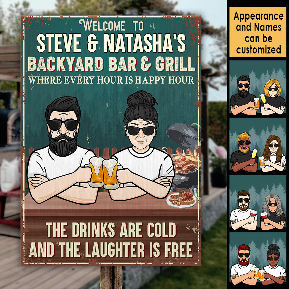 Bienvenue dans notre bar-grill où chaque heure est un happy hour - Cadeau pour couples, mari et femme, panneau en métal personnalisé
