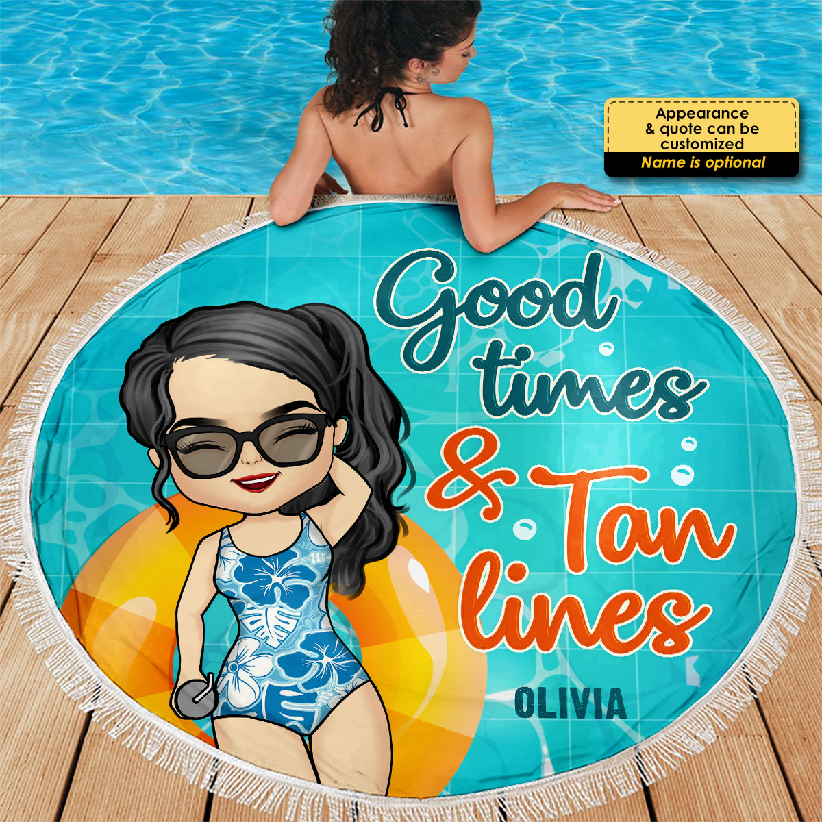 Serviette de plage ronde personnalisée « Good Times &amp; Tan Lines »