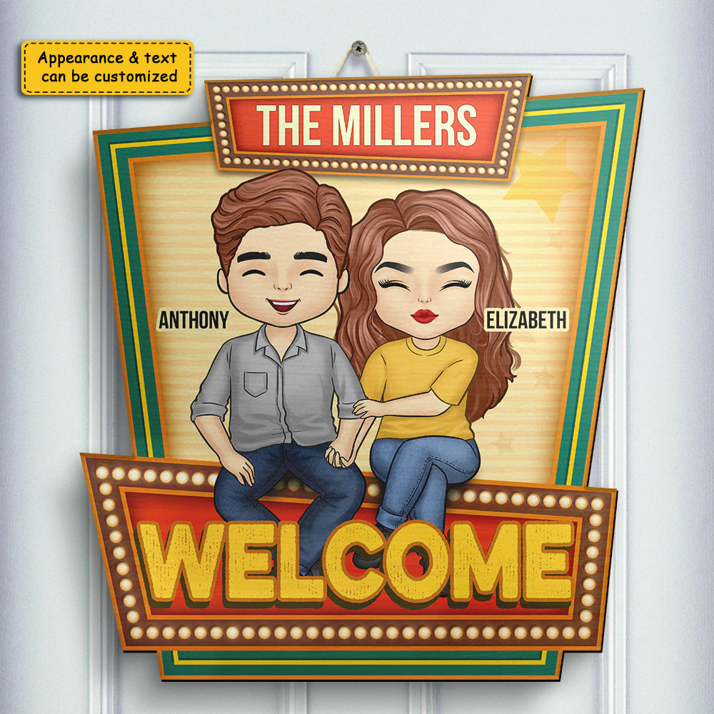 Welcome family name sign - Gift For Couples, Husband Wife, Personalized Shaped Wood Sign