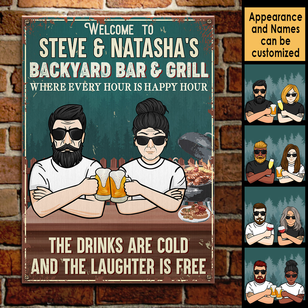 Bienvenue dans notre bar-grill où chaque heure est un happy hour - Cadeau pour couples, mari et femme, panneau en métal personnalisé