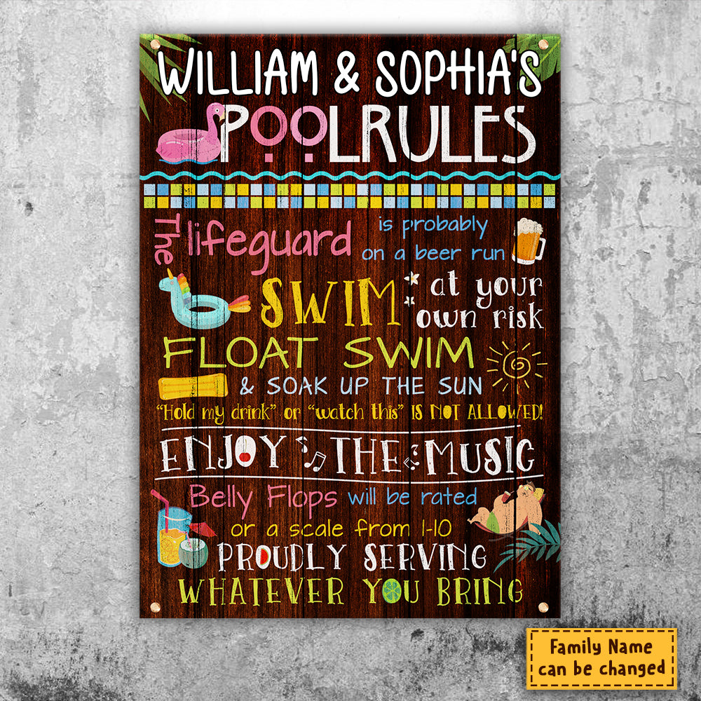 Règles de la piscine familiale - Plaque métallique personnalisée - Cadeau pour couple, mari et femme