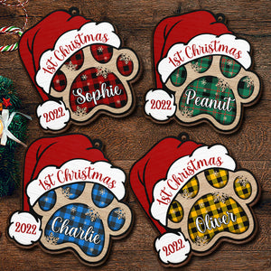 Patte de chien - Joyeux et heureux - Décoration de Noël en bois personnalisée en forme de patte