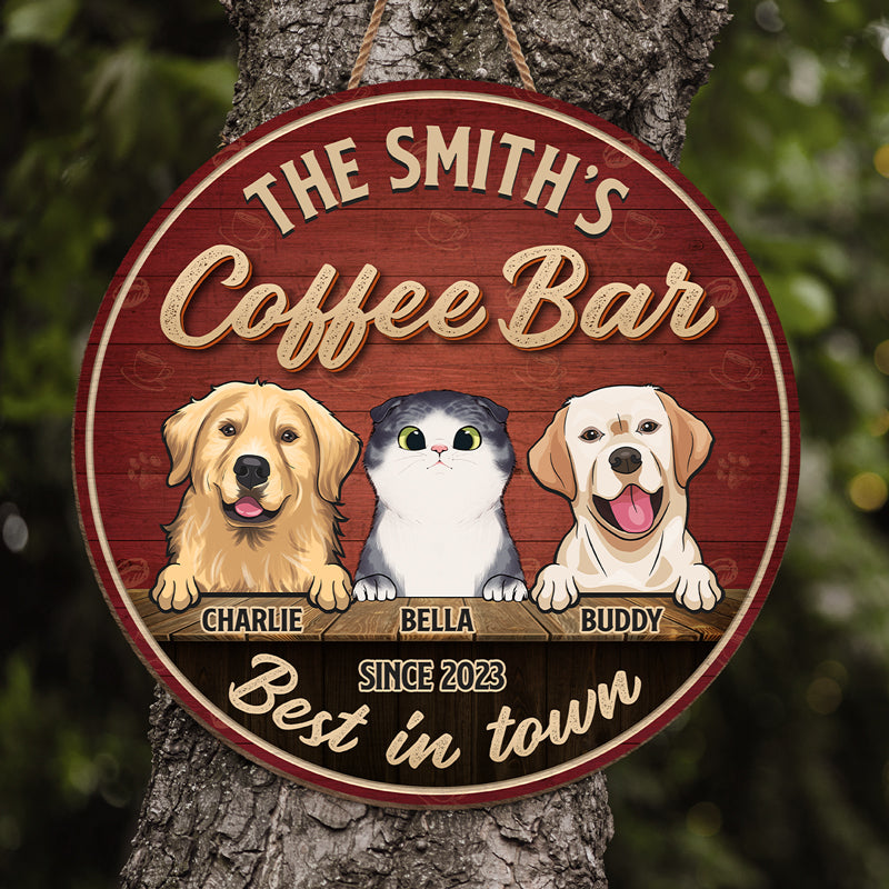 Le meilleur bar à café de la ville - Panneau en bois personnalisé pour décoration d'intérieur, motif chien et chat - Cadeau de pendaison de crémaillère pour propriétaires et amoureux des animaux