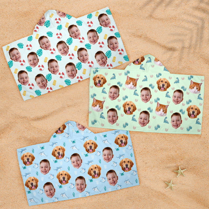 Serviette de plage à capuche personnalisée avec photo « Le bonheur arrive par vagues » - Cadeau pour enfants et membres de la famille