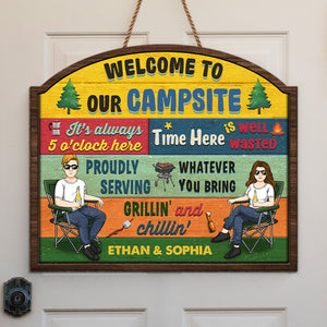 Bienvenue sur notre camping - Panneau en bois personnalisé pour décoration d'intérieur - Cadeau de pendaison de crémaillère pour couple, amoureux du camping