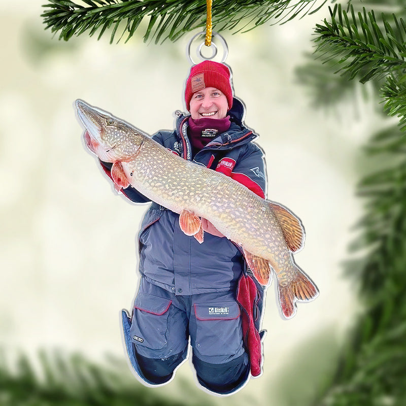 Photo personnalisée de pêcheur - Ornement personnalisé de pêche - Forme personnalisée en acrylique - Cadeau de Noël pour les amateurs de pêche