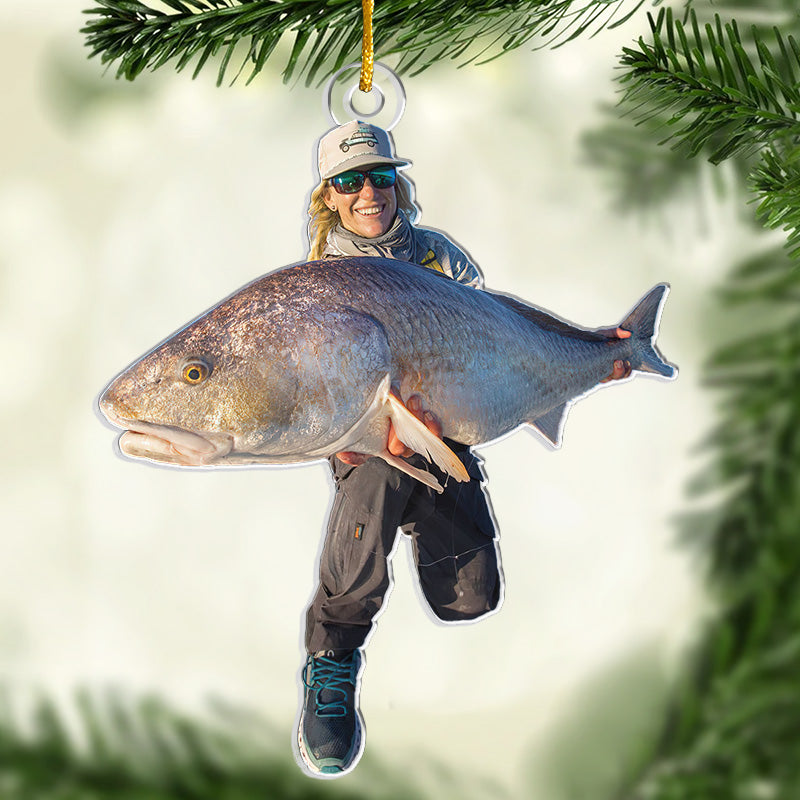 Photo personnalisée de pêcheur - Ornement personnalisé de pêche - Forme personnalisée en acrylique - Cadeau de Noël pour les amateurs de pêche