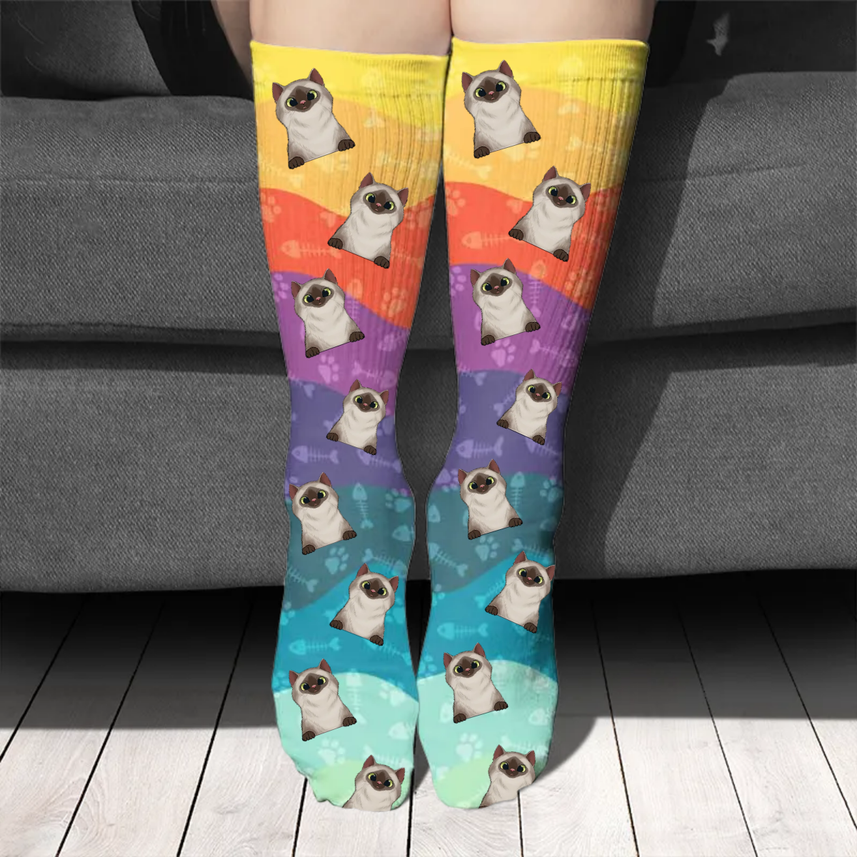 Ondulés colorés - Cadeau pour les amoureux des chats - Chaussettes personnalisées
