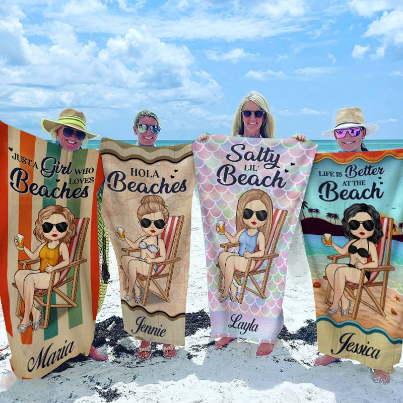 Hola Beaches - Serviette de plage personnalisée Bestie - Cadeau pour meilleures amies, meilleures amies, sœurs