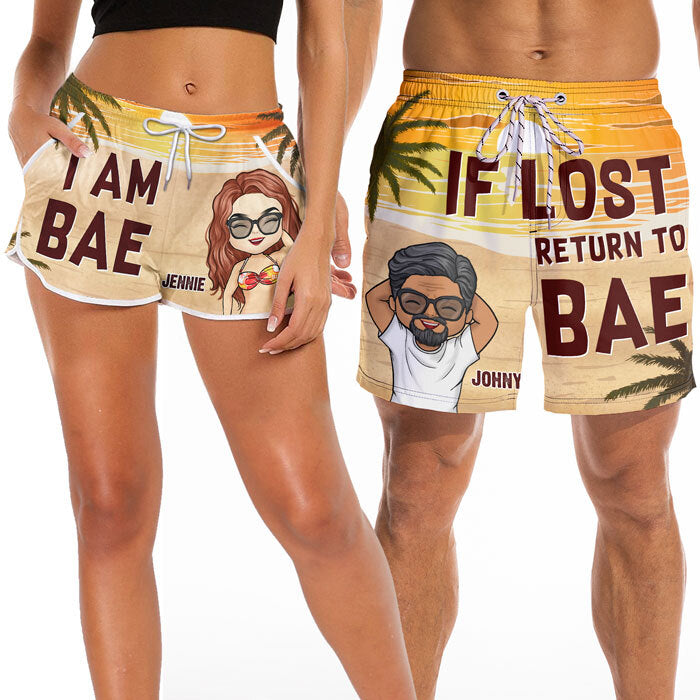 Short de plage hawaïen tropical personnalisé Aloha pour couple - Cadeaux de vacances et de voyage d'été personnalisés pour mari et femme, lui et elle - En cas de perte, retournez voir votre chéri